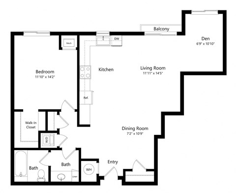 Floor plan for 1 bed, 1 bath, 970 sqft